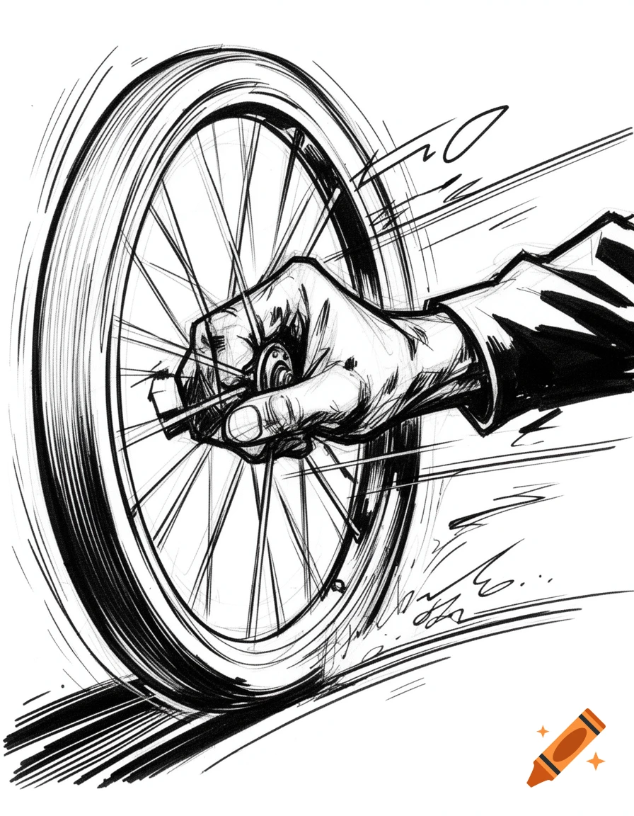 A dynamic black and white comic book sketch of a hand gripping the spinning spokes of a wheel, with motion blur and speed lines.