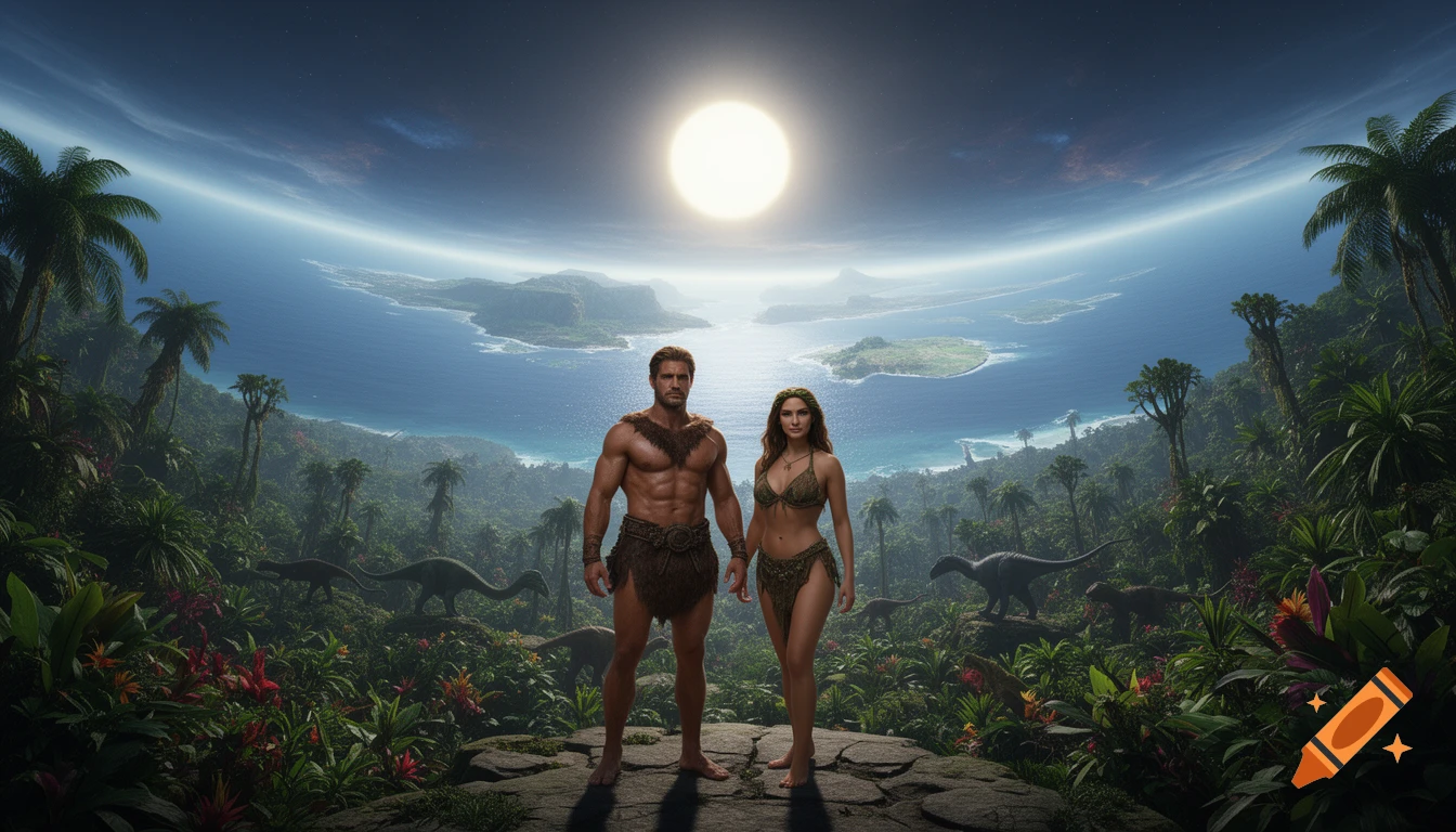 Photorealistic caveman and cavewoman stand on a rock overlooking a lush prehistoric jungle with dinosaurs, ocean, and a bright sun in a curved sky.