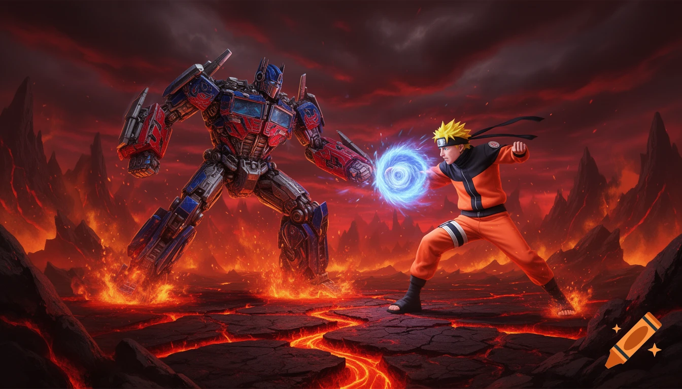 Optimus Prime battles Naruto, who charges a blue energy sphere, in a dramatic, volcanic hellscape with molten cracks.