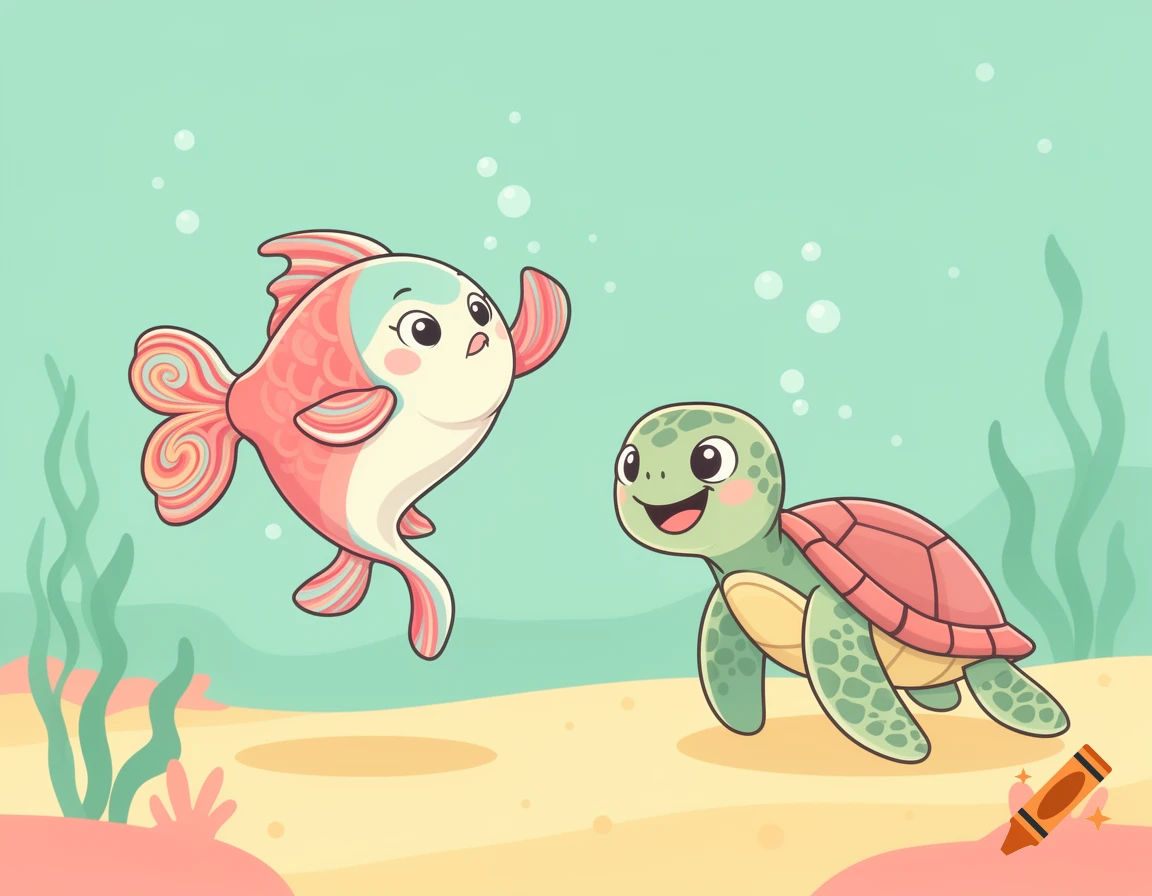 Cute cartoon fish waving and a smiling sea turtle underwater with bubbles and seaweed, in bright pastel colors.