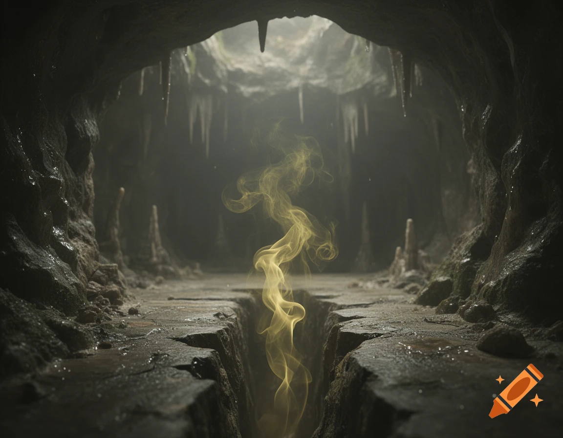 Yellow smoke rises from a glowing crevice in the cracked floor of a dark, damp cave with stalactites.