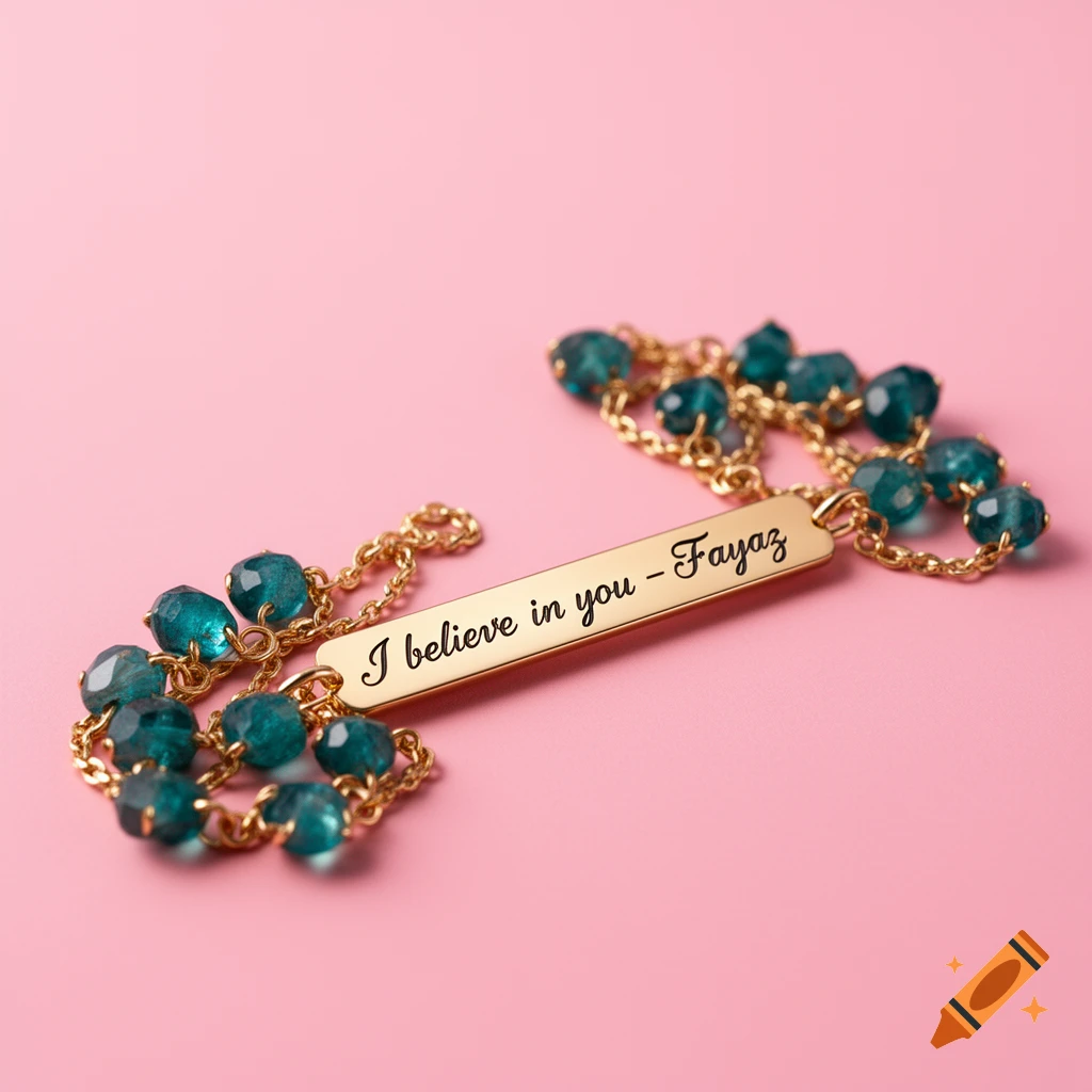 A gold chain bracelet with teal beads and a bar engraved 'I believe in you - Fayaz' on a pink background.