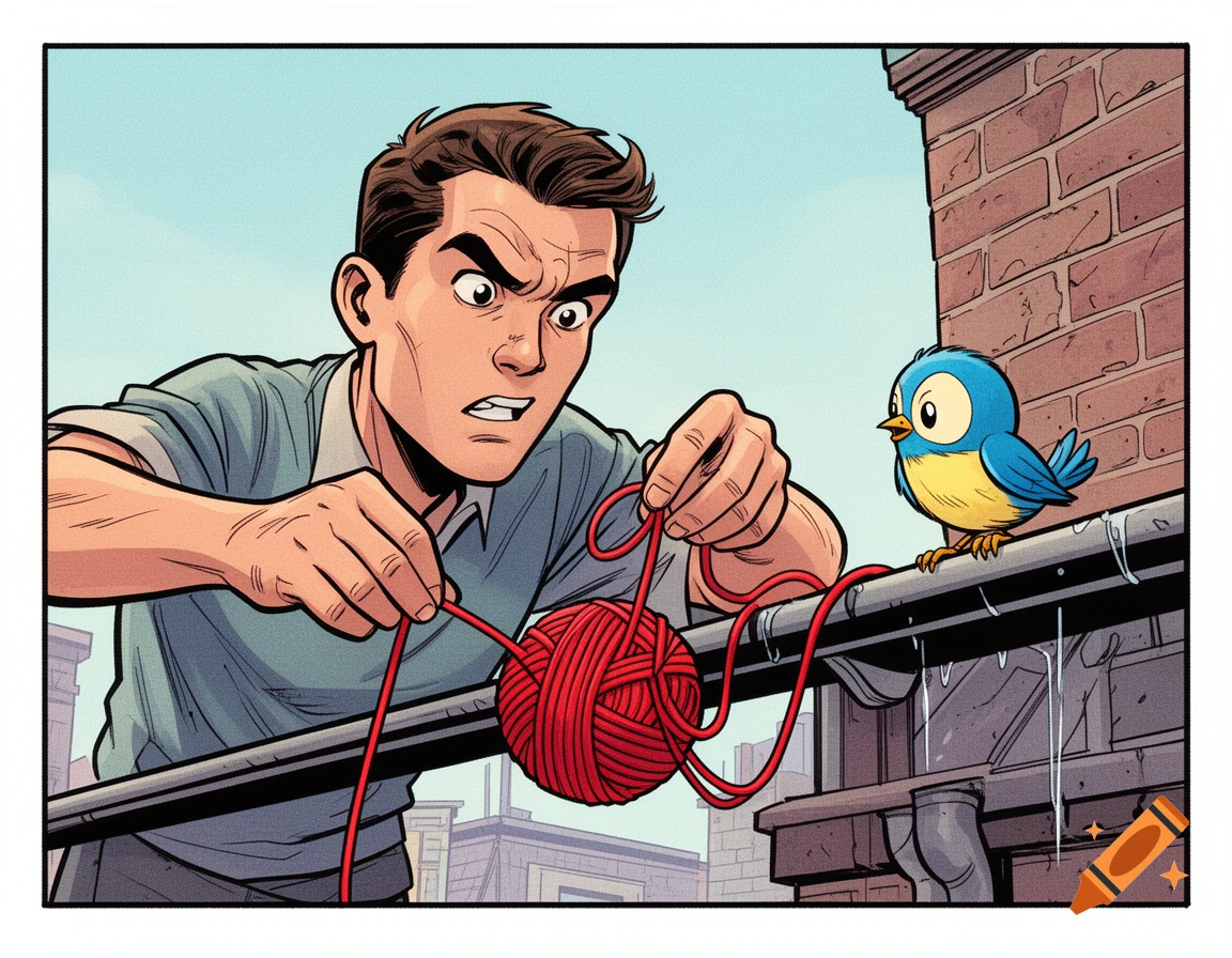 A comic art illustration of a man intently looking at a red ball of yarn, while a small blue bird watches from a drainpipe beside him.