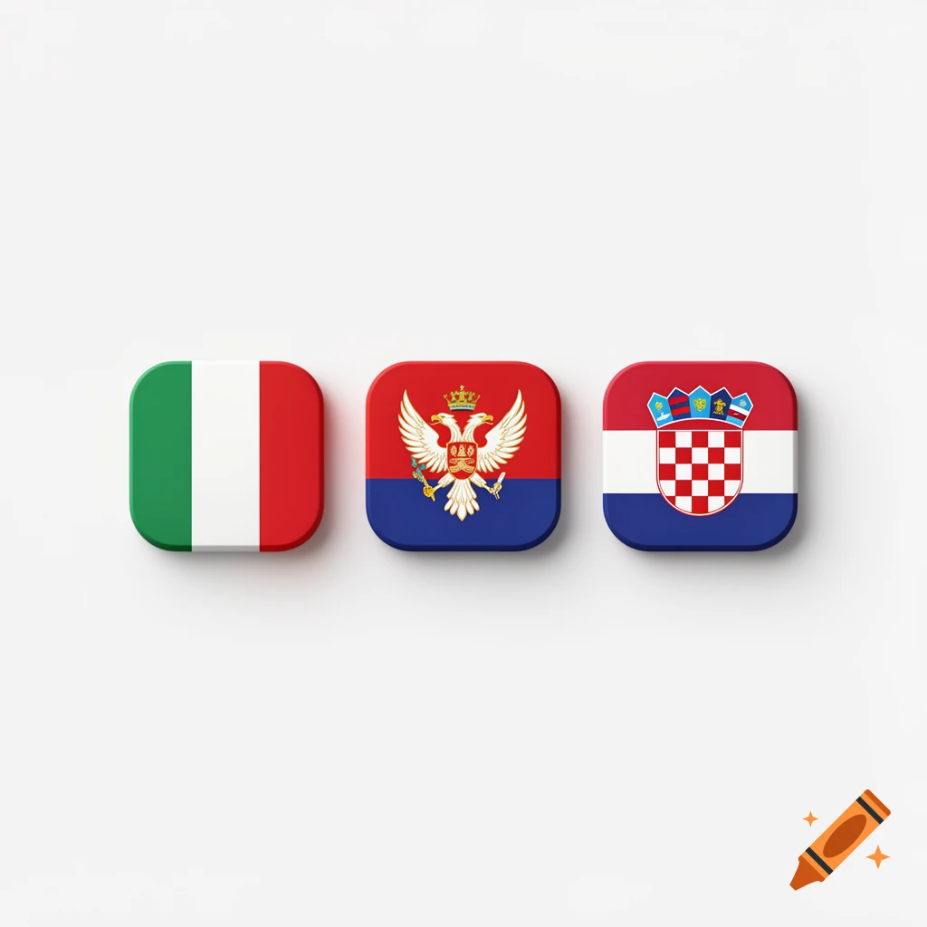 Three 3D rounded icons of the Italian, Montenegrin, and Croatian flags on a white background.