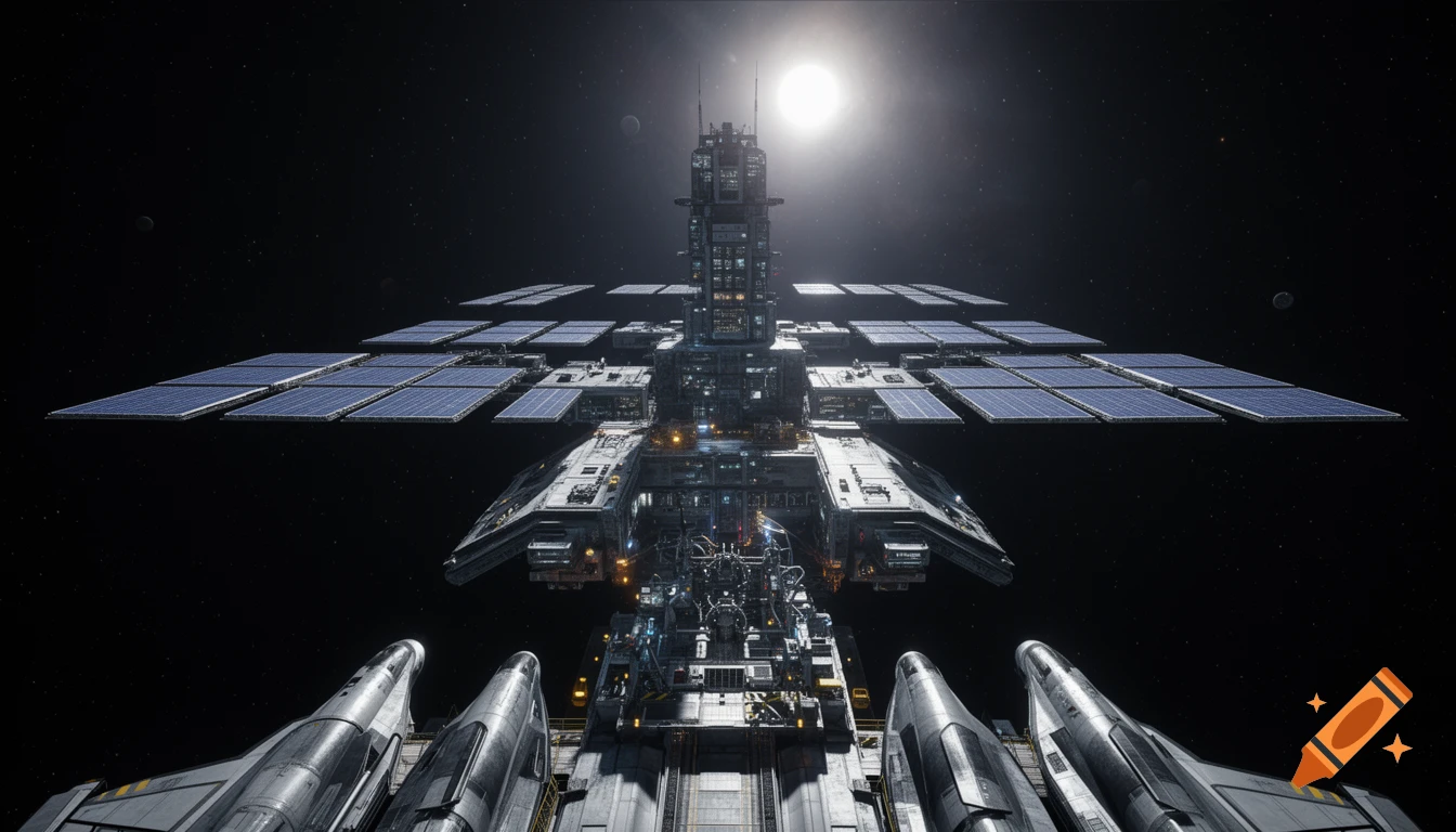 A detailed, futuristic space station with large solar panels and shuttle bays, bathed in sunlight in deep space.