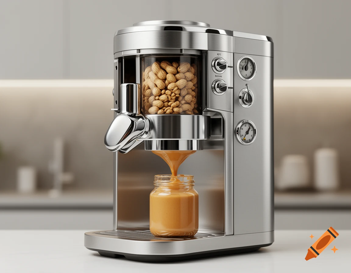 A shiny silver peanut butter machine with a clear chamber full of peanuts, dispensing creamy peanut butter into a small glass jar below, in a modern kitchen setting.