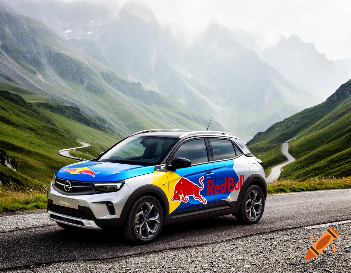 A silver and blue Opel SUV with Red Bull branding on its side and hood, parked on a winding mountain road with green slopes and cloudy peaks.