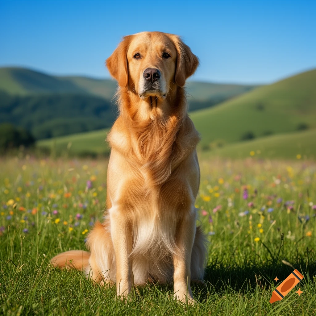 A photorealistic image of a golden retriever sitting in a green field with wildflowers, against a backdrop of rolling hills and a clear blue sky.