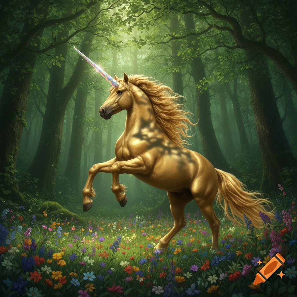 A majestic golden unicorn rears up in a lush, sun-dappled forest clearing, surrounded by a vibrant field of colorful wildflowers.