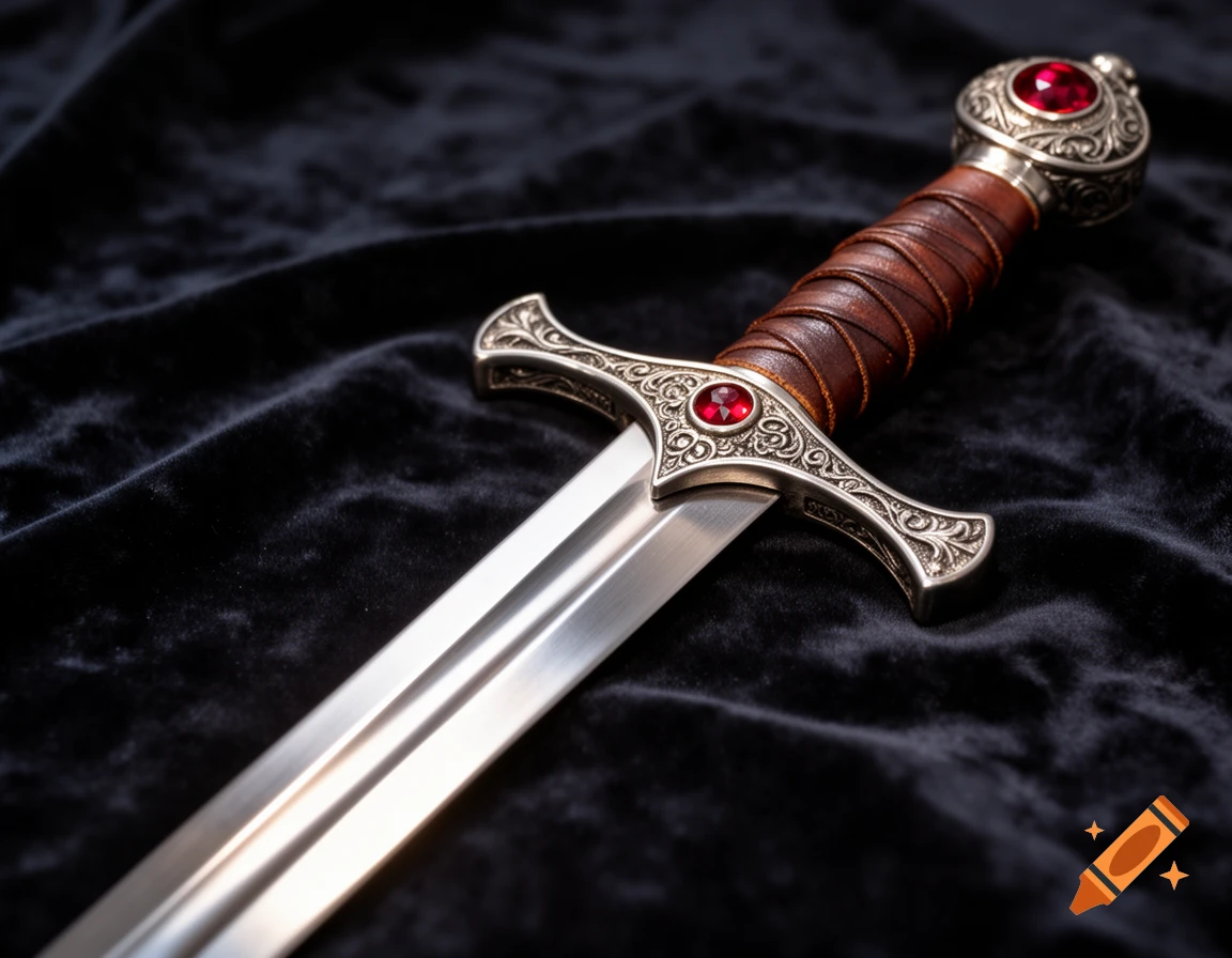 Close-up of an ornate sword with a silver hilt, red gems, and a brown leather-wrapped grip, resting on black velvet.