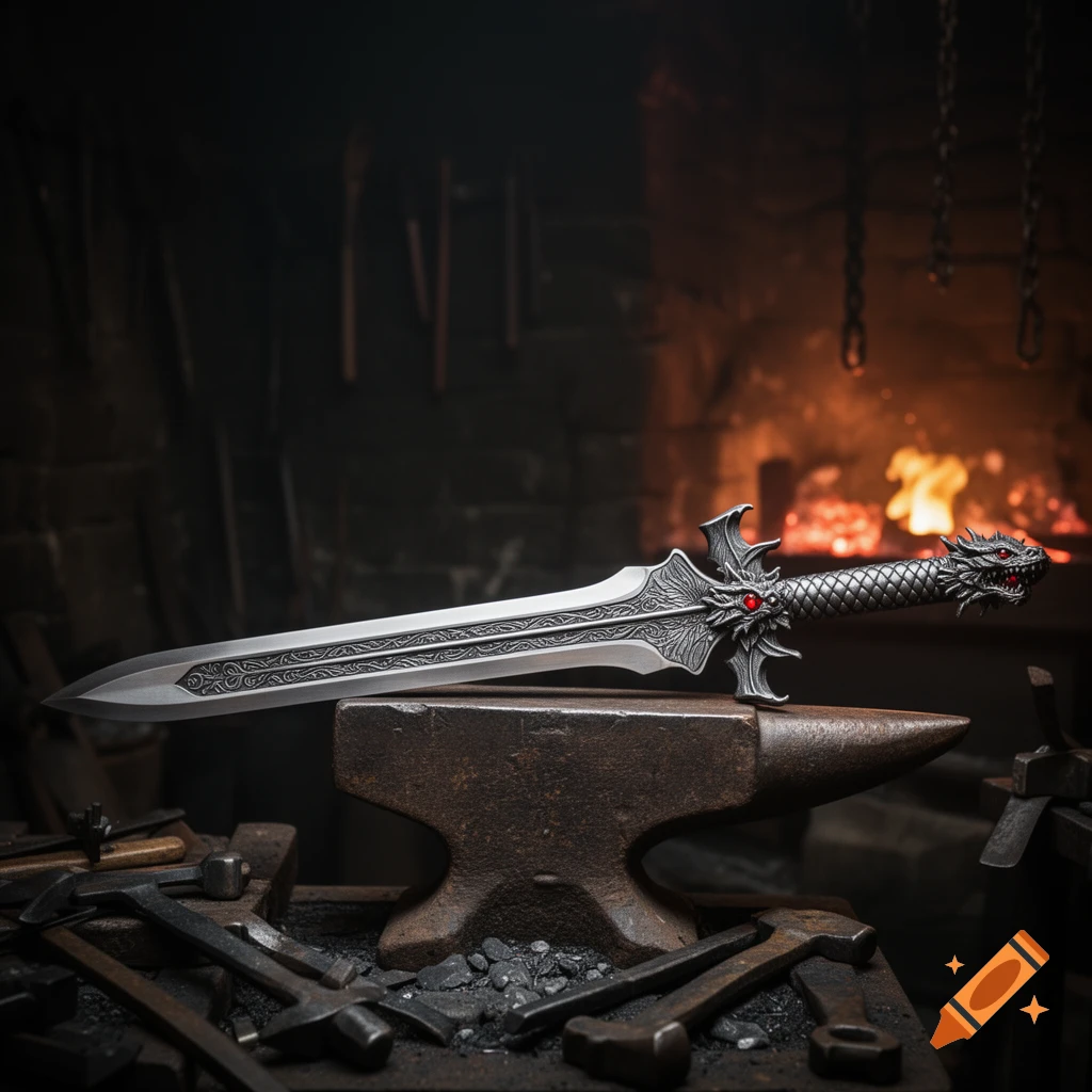 A detailed dragon-themed broadsword with red gems rests on an anvil in a photorealistic blacksmith's forge with glowing embers.