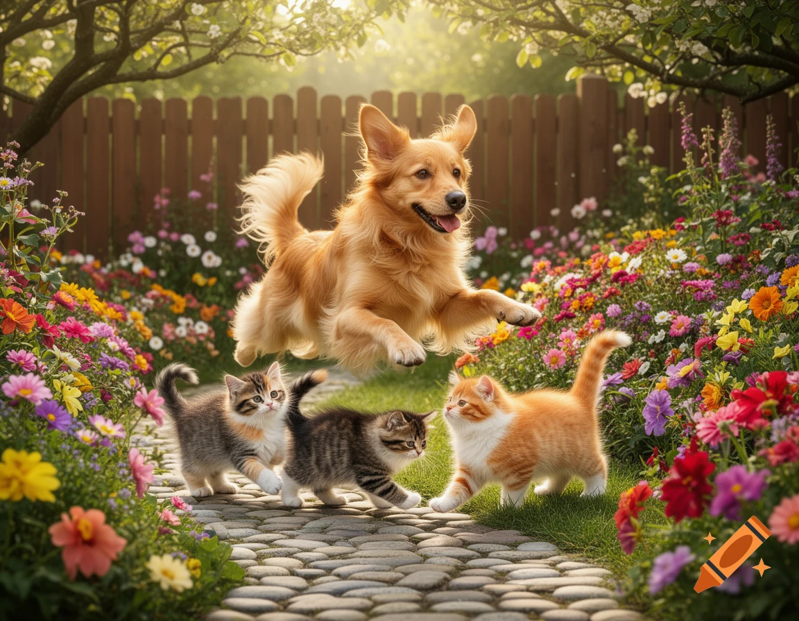 A golden dog jumps above three kittens on a stone path in a vibrant, sunlit flower garden with a wooden fence.