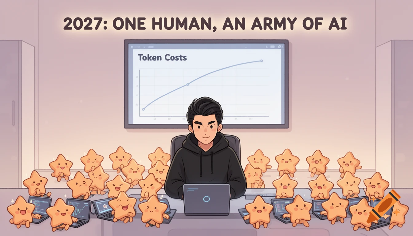 A cartoon man works at a desk, surrounded by cute star-shaped AI agents with laptops, under a sign '2027: One Human, An Army of AI'.