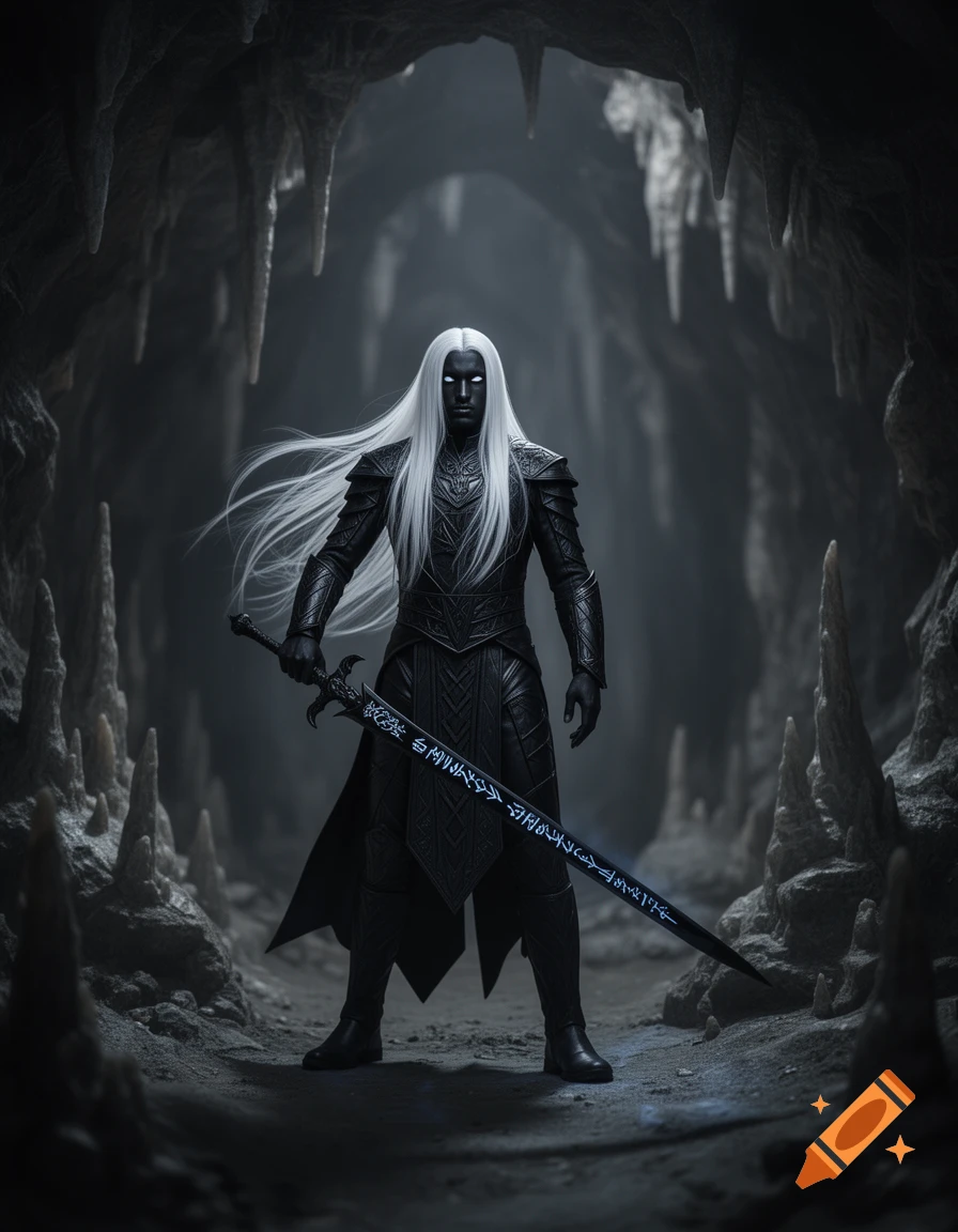 A dark-skinned fantasy warrior with long white hair and glowing eyes stands in black armor, holding a rune-engraved sword in a dark cave.