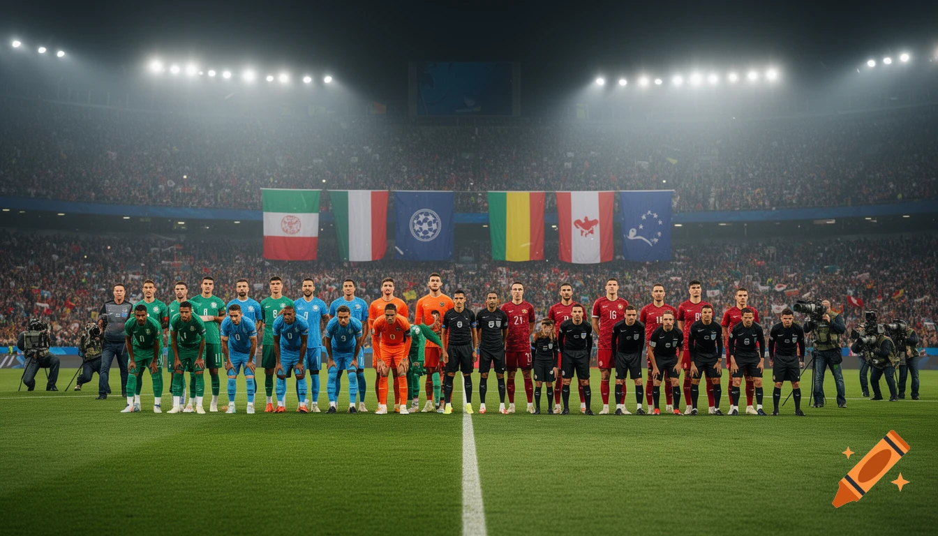 Two football teams, referees, and photographers line up on a green field in a packed stadium with bright lights and various national flags hanging above.