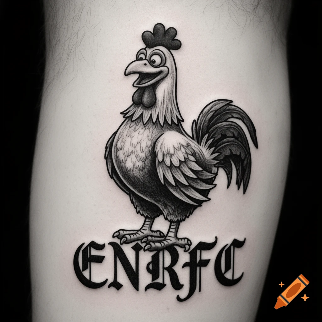 Black and white tattoo of a happy cartoon chicken with the letters ENRFC underneath on a person's leg.