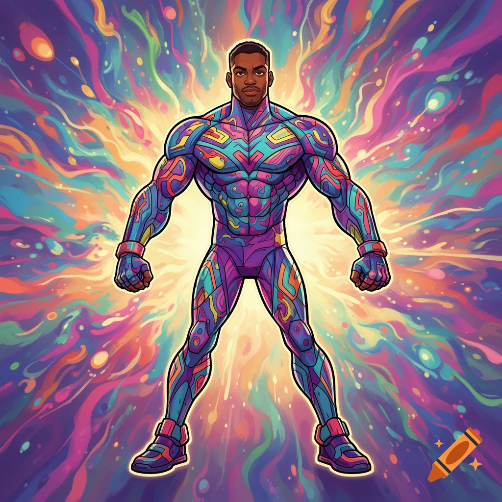 A muscular man in a vibrant, psychedelic patterned superhero suit stands against a swirling, colorful background in a cartoon style.