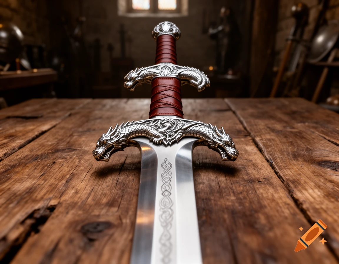 A detailed broadsword with dragon-head pommel and hilt, featuring a leather-wrapped grip and intricate blade engravings, rests on a rustic wooden table in a dimly lit armory.