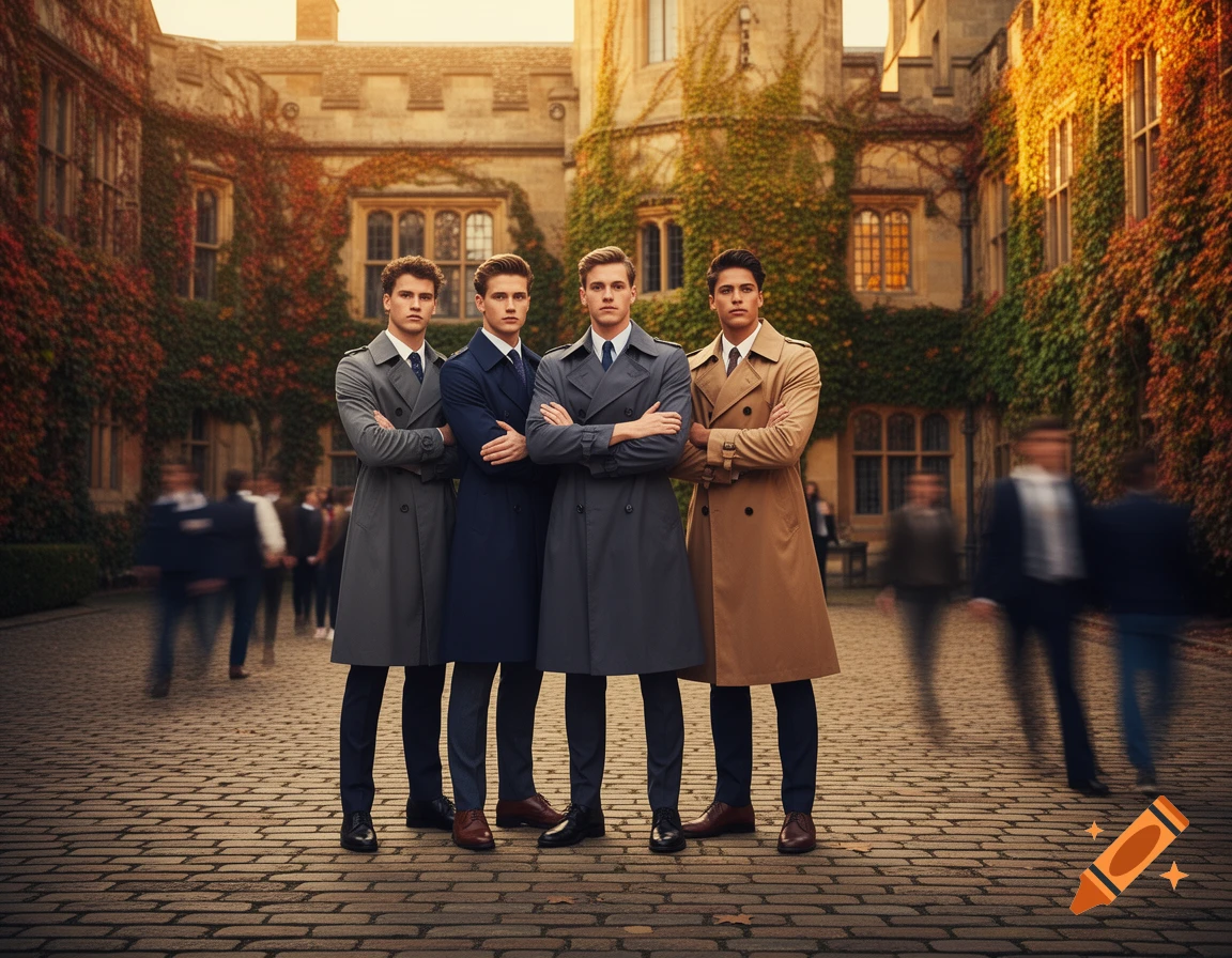 Four young men in trench coats stand with crossed arms in a college courtyard, with blurred figures in the background and ivy-covered buildings.