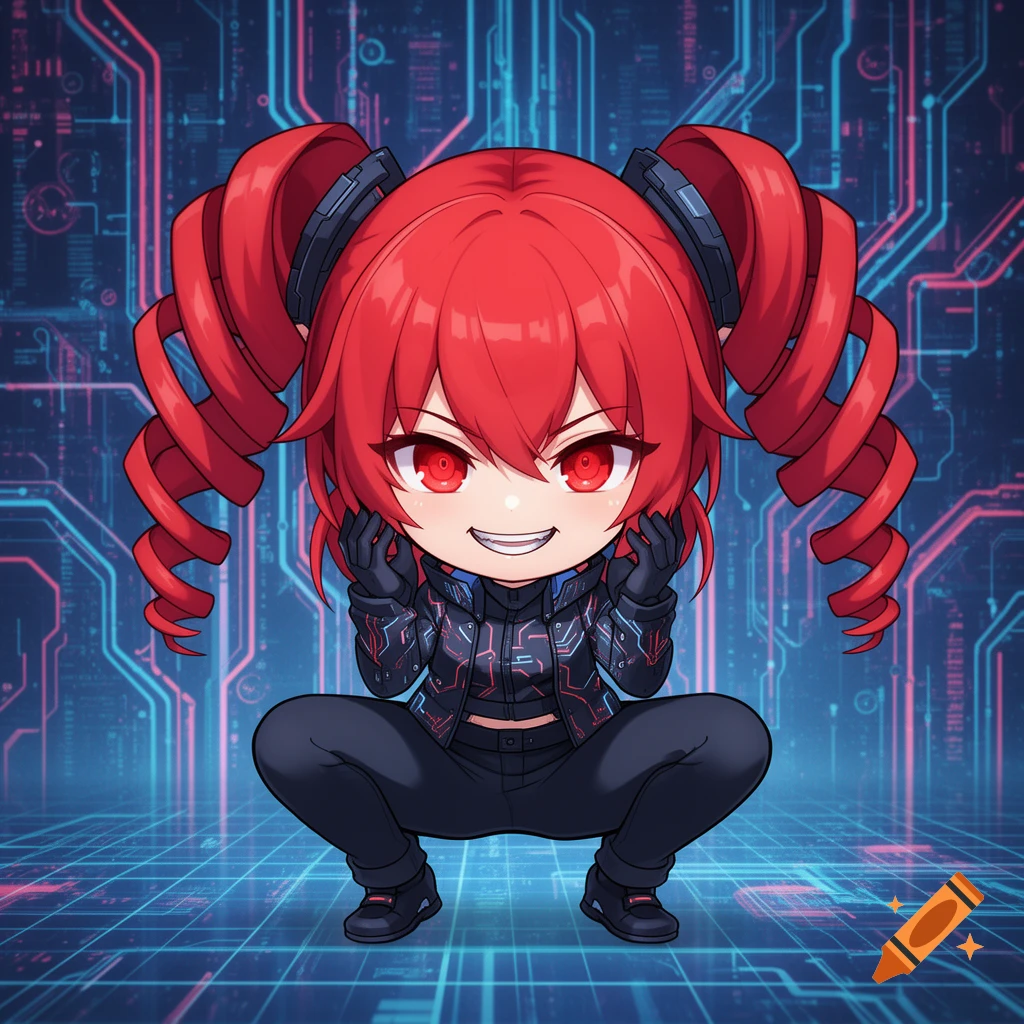 A crouching chibi anime girl with red twin drill hair, glowing red eyes, and a mischievous smirk, in a cyberpunk jacket on a cyber background.