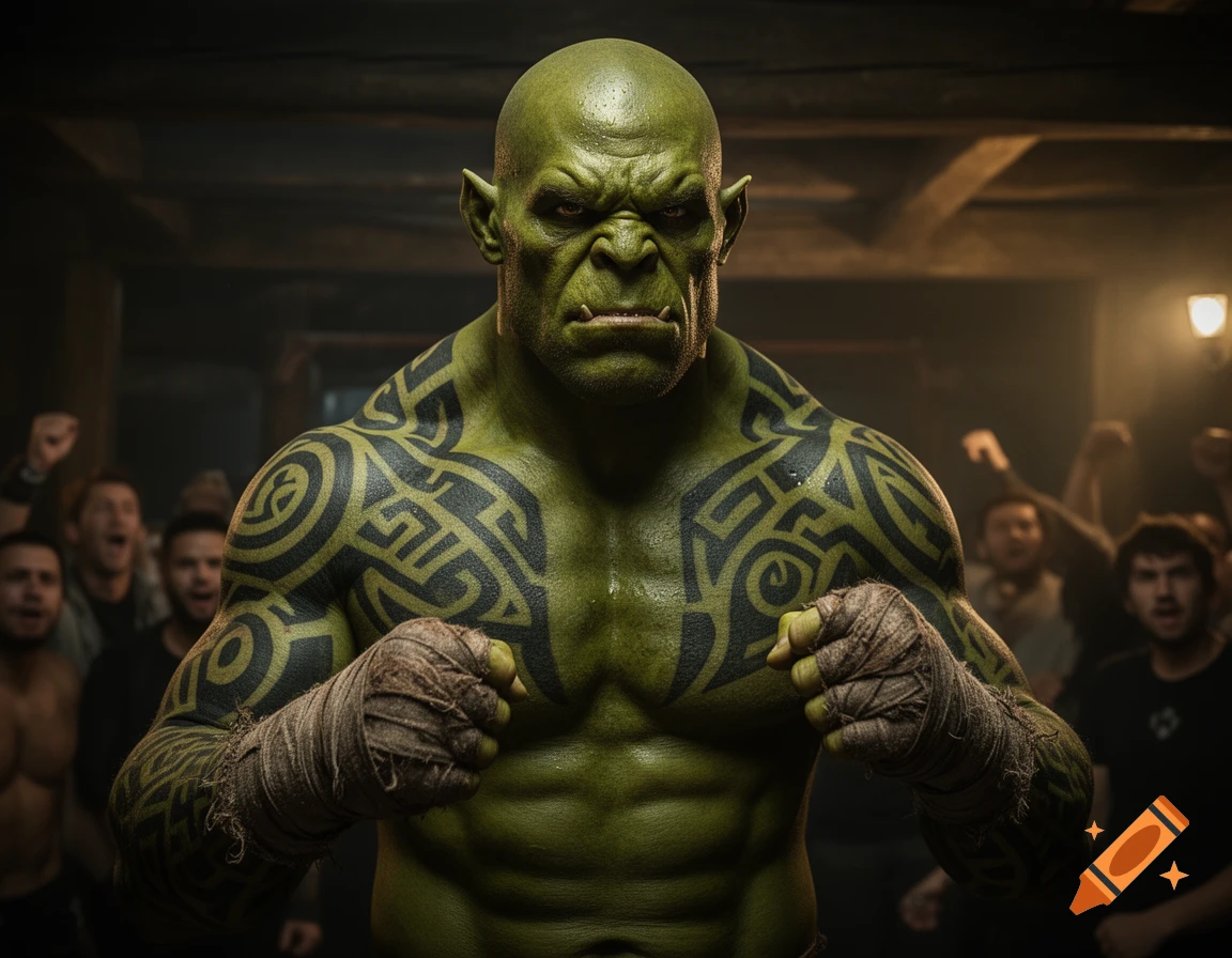 A muscular, green-skinned Orc brawler with tribal tattoos and handwraps stands in a fighting ring with a blurry crowd.