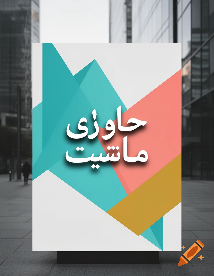 A modern poster with white Arabic text " حاوزی ماتشیت" over teal, coral, and gold geometric shapes, set against a blurred city street background.