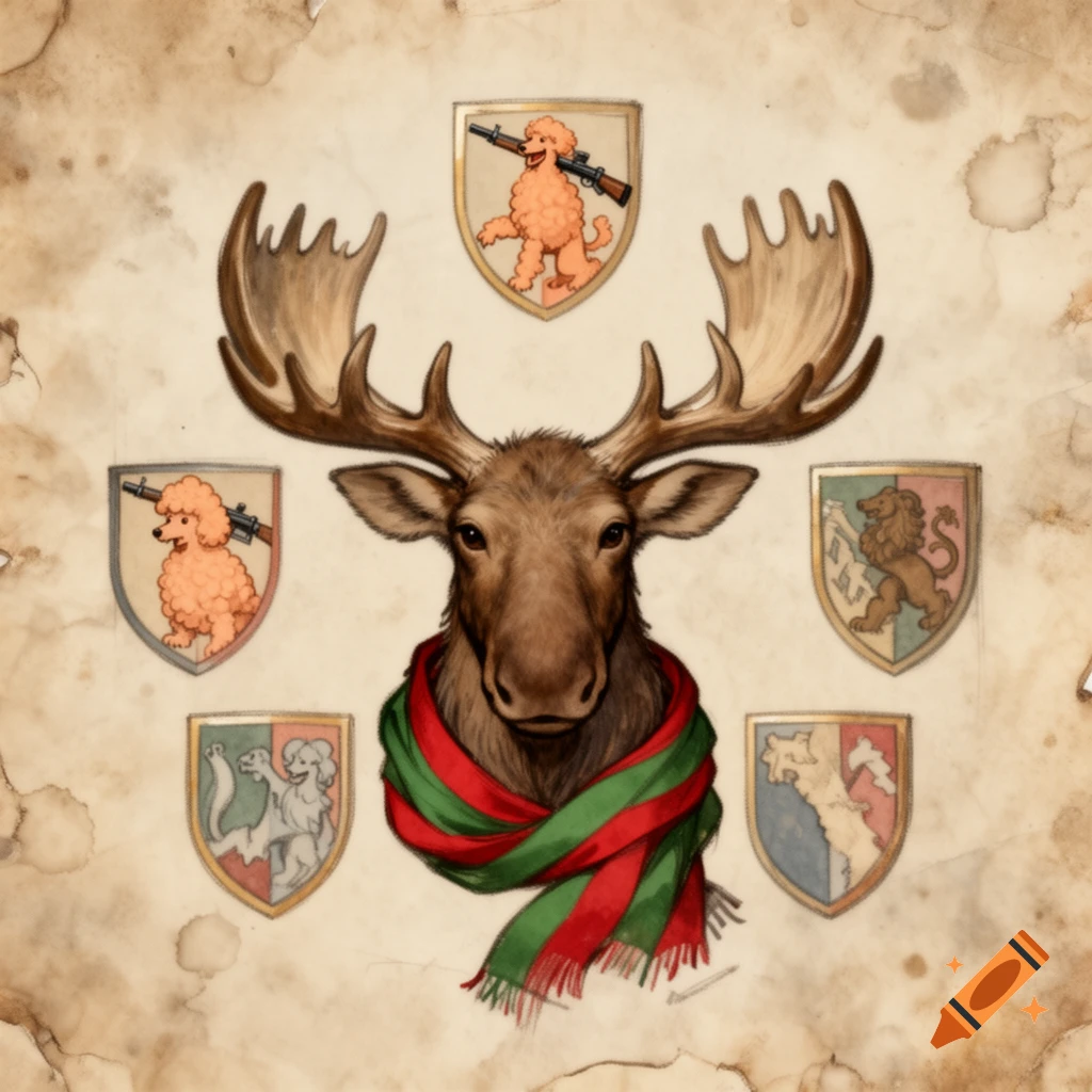 A stylized illustration of a moose head wearing a red and green scarf, surrounded by heraldic shields with poodles holding rifles, on aged parchment.
