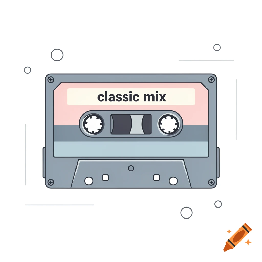 An illustration of a gray and pink cassette tape with "classic mix" written on its label, against a white background with scattered circles and lines.