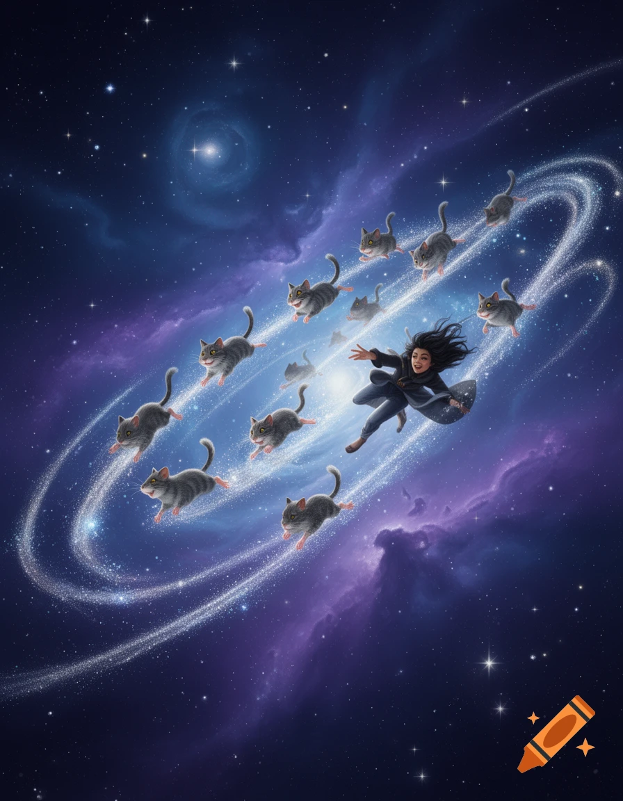 A woman flies through a starry galaxy, reaching out to catch a dozen grey tabby cats running along a swirling, sparkling cosmic path.
