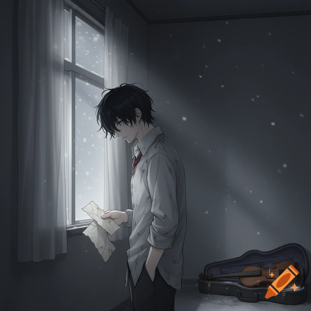 A sad anime guy with dark hair in a white shirt stands by a snowy window, holding crumpled papers, with a violin in its case on the floor.