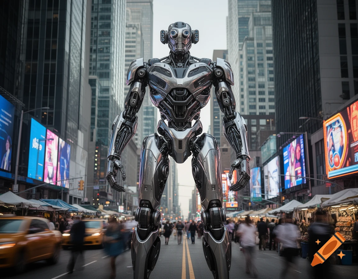 A massive, metallic robot stands in the middle of a busy, photorealistic city street with skyscrapers and bright billboards.