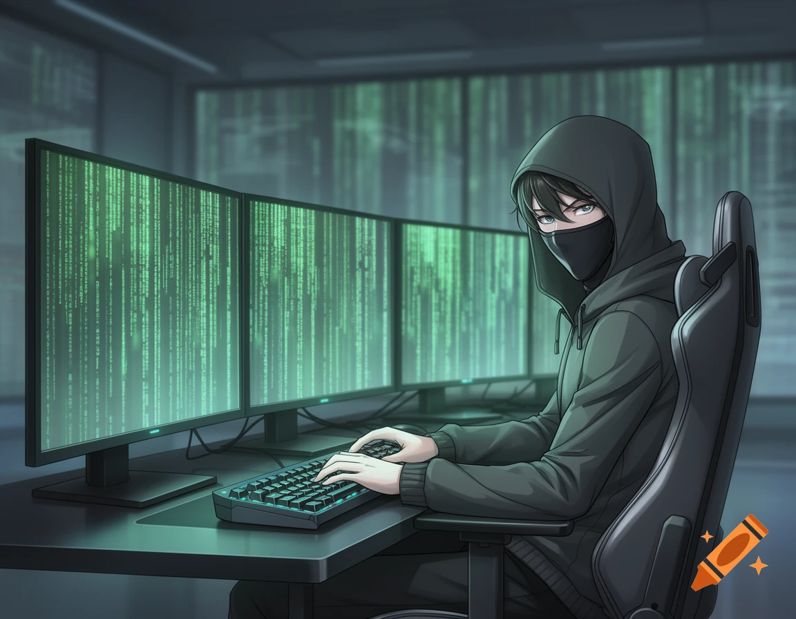 An anime-style hacker in a dark hoodie and mask sits at a desk, typing on a keyboard, surrounded by four monitors displaying green Matrix code.