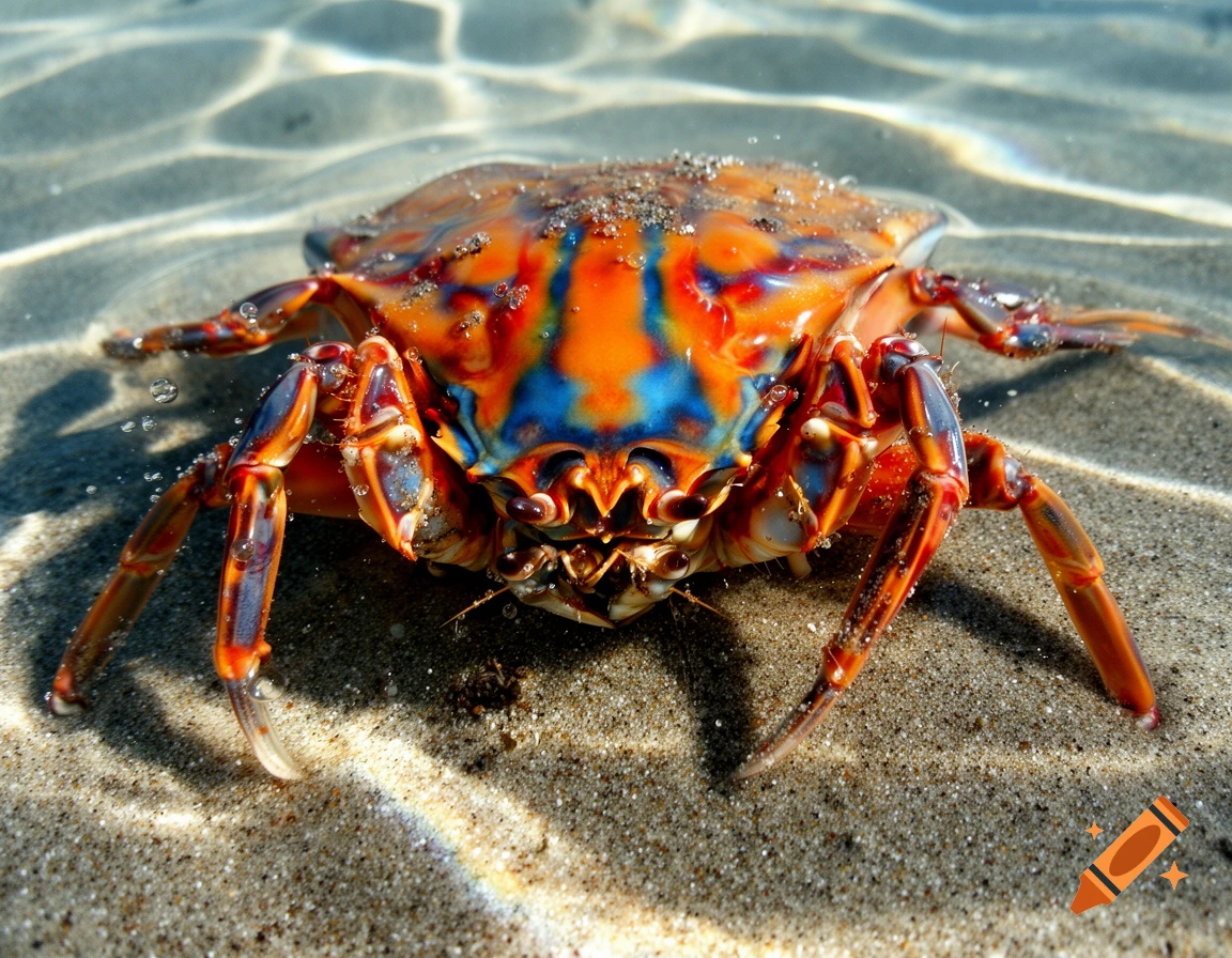 Photorealistic close-up of a vibrant orange and blue crab on the sandy seabed with rippling water overhead.