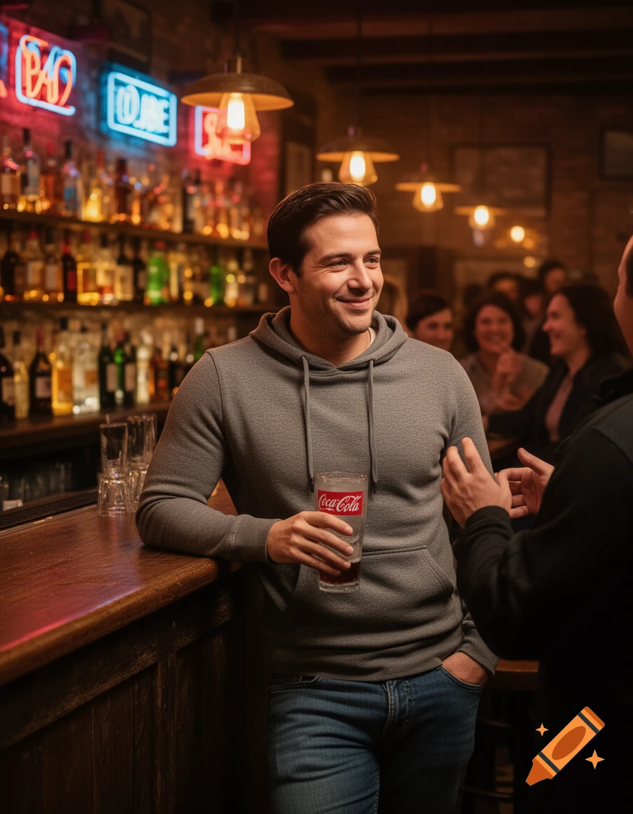 A smiling man in a gray hoodie leans on a wooden bar counter, holding a Coca-Cola glass while talking to someone in a dimly lit bar.
