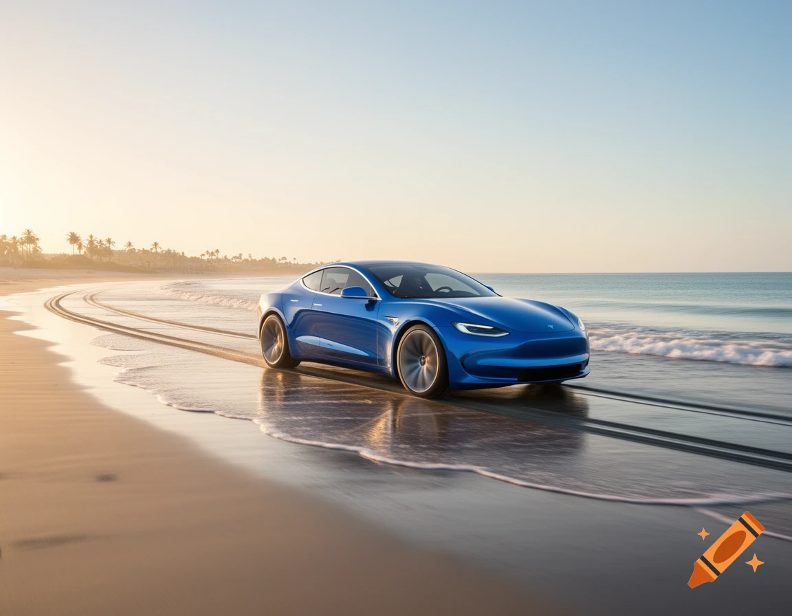 A sleek blue sports car drives along the edge of a sandy beach, with ocean waves gently lapping at the shore under a clear sky.