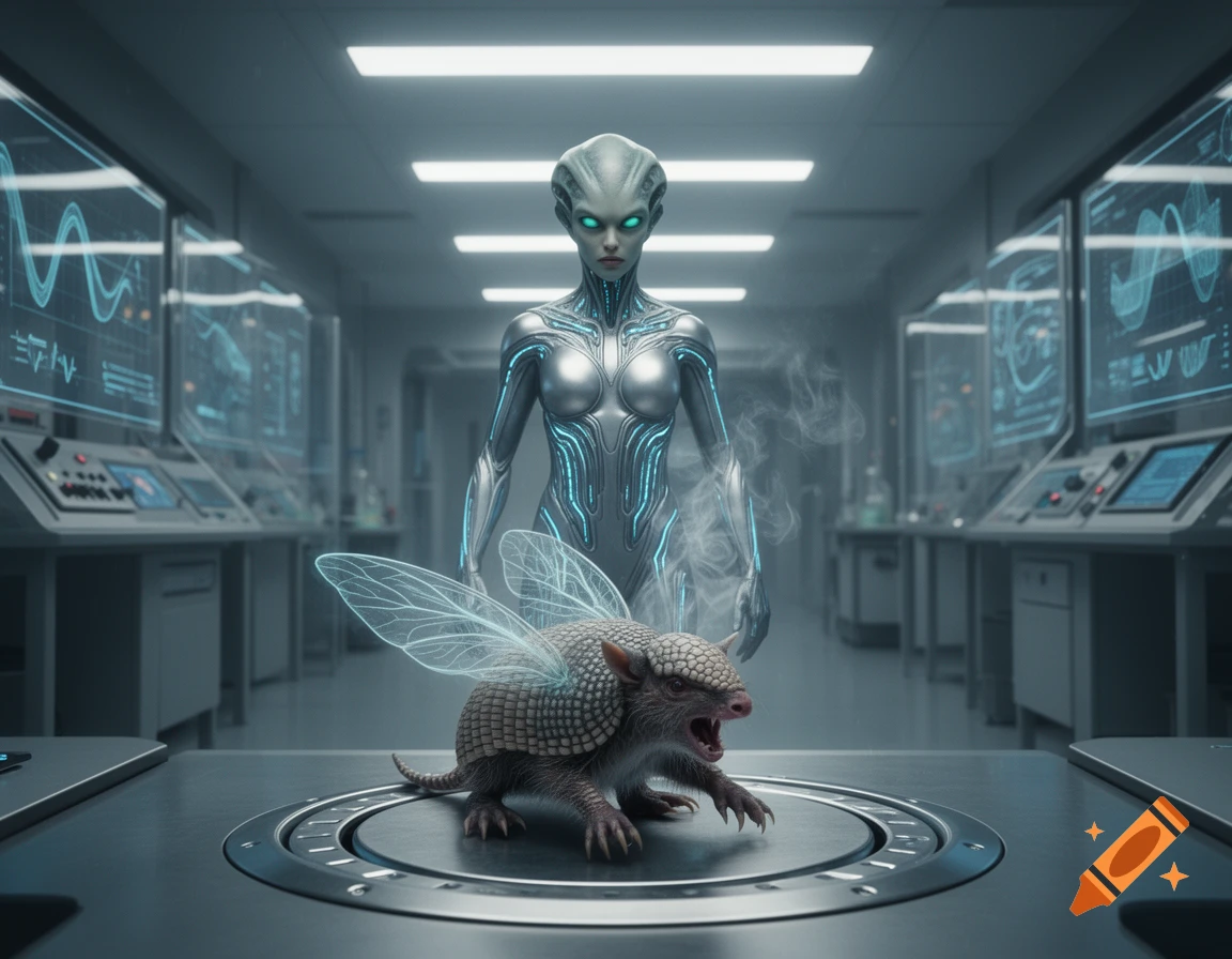 A humanoid alien watches a distressed, winged armadillo-like creature on a platform in a futuristic laboratory.