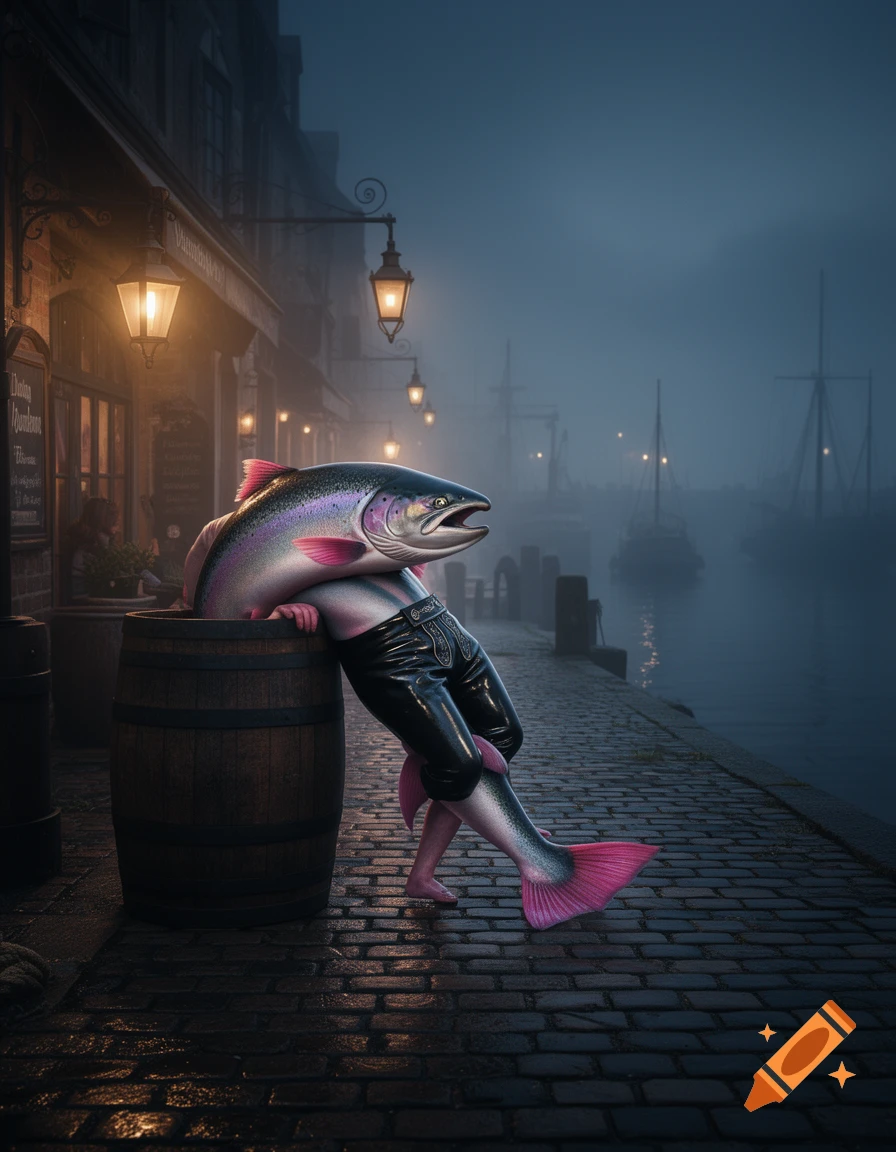 A photorealistic image of a large salmon with human legs and arms, wearing shiny black lederhosen, leaning on a wooden barrel by a foggy harbor at night, with illuminated pubs in the background.