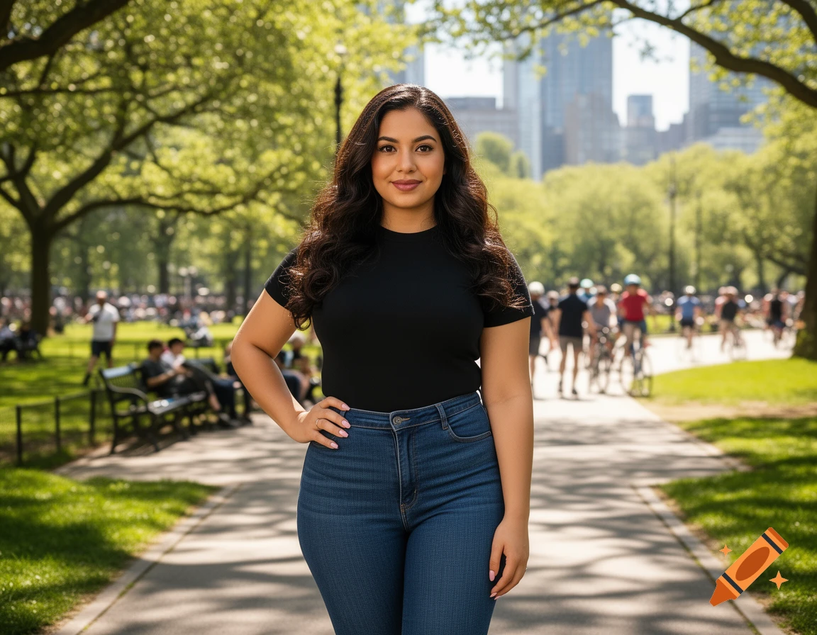 A young woman in a black t-shirt and jeans stands in a sunny park with trees and a city skyline in the background, smiling slightly.