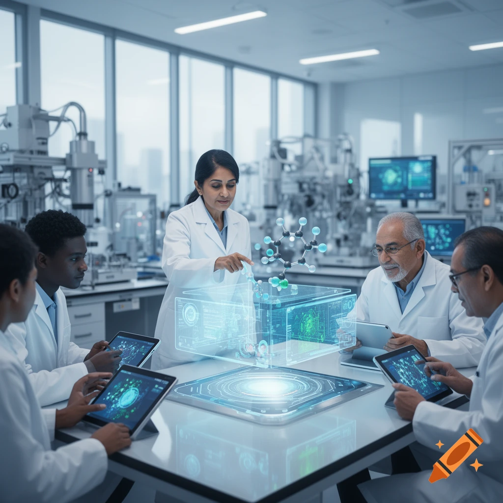 Scientists in lab coats gather around a table with a holographic display showing a molecule and data, interacting with tablets.