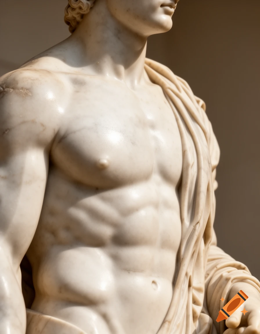 Close-up of a classical marble statue depicting the muscular torso of a man draped in cloth.