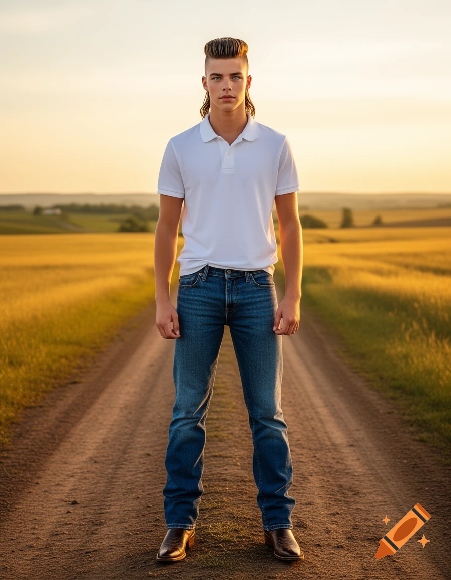 A photorealistic portrait of a young man with a modern mullet, wearing a white polo, blue jeans, and cowboy boots, standing on a dirt road in a golden-hour rural landscape.