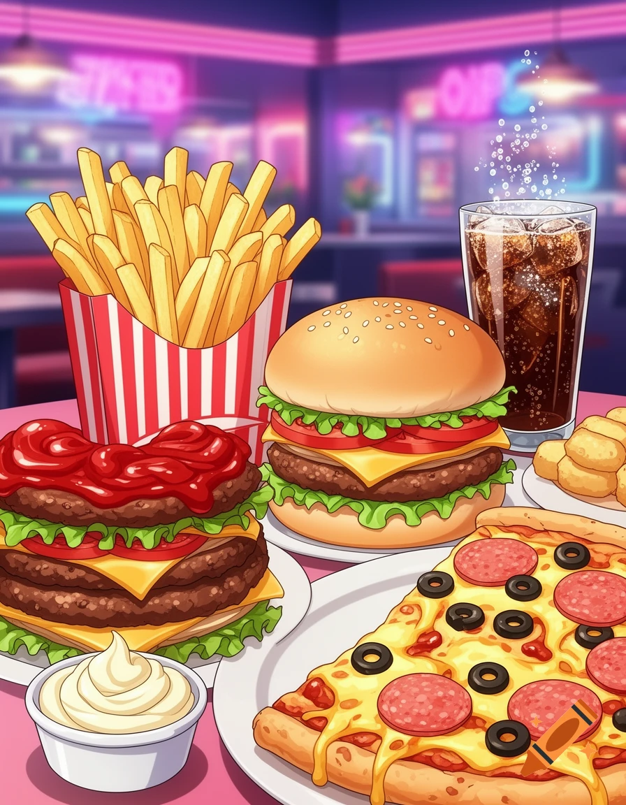 A cartoon illustration of a table laden with junk food, including fries, two burgers, a slice of pizza, soda, and dipping sauce, set in a retro diner with neon lights.