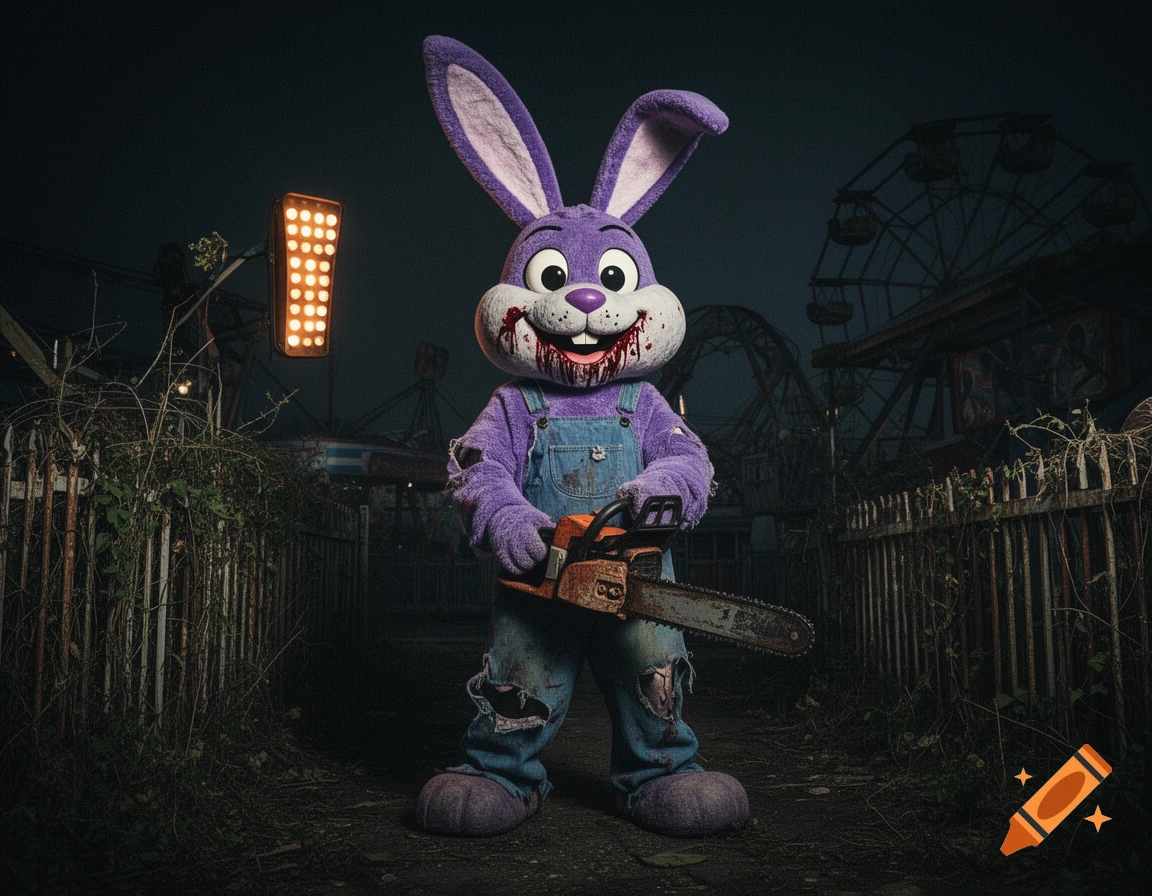 A creepy purple rabbit mascot with blood on its mouth holds a rusty chainsaw in a dark, abandoned amusement park at night. Photorealistic.