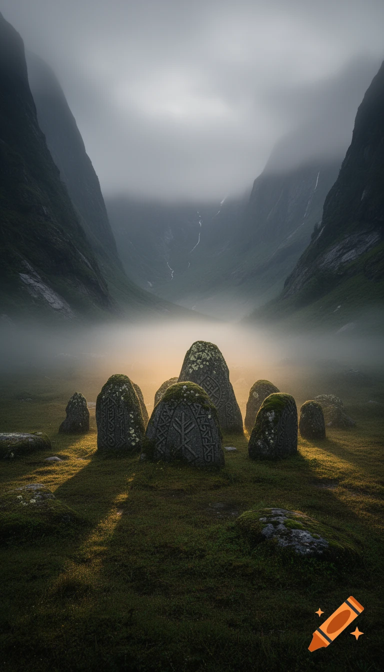 Photorealistic image of moss-covered runic stones glowing in golden light amidst thick fog in a dark valley with steep fjords.