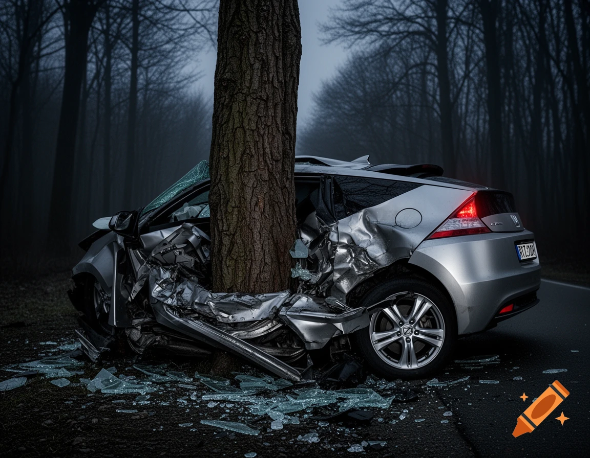 A silver Honda CR-Z car heavily crashed into a thick tree in a dark, misty forest, with shattered glass on the ground.