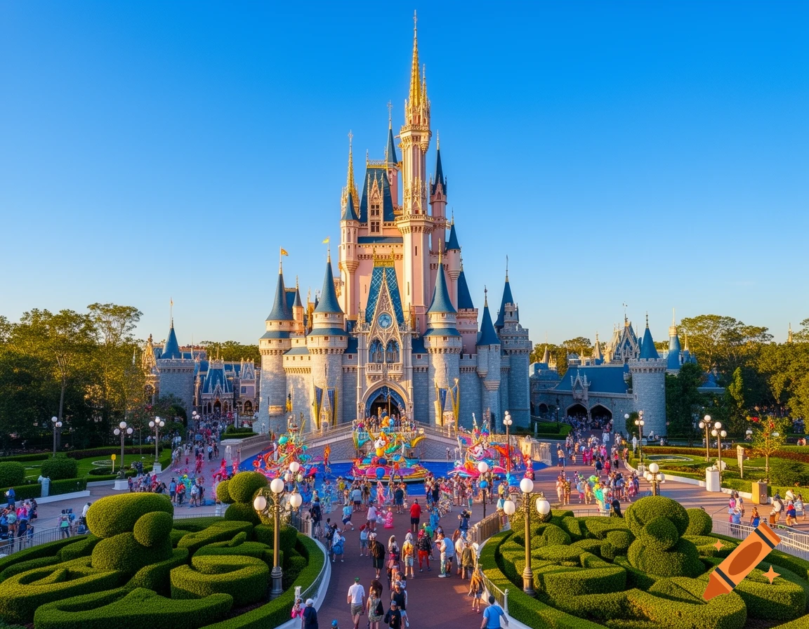 Photorealistic view of Cinderella's Castle at Walt Disney World with crowds, colorful floats, and green landscaping under a blue sky.