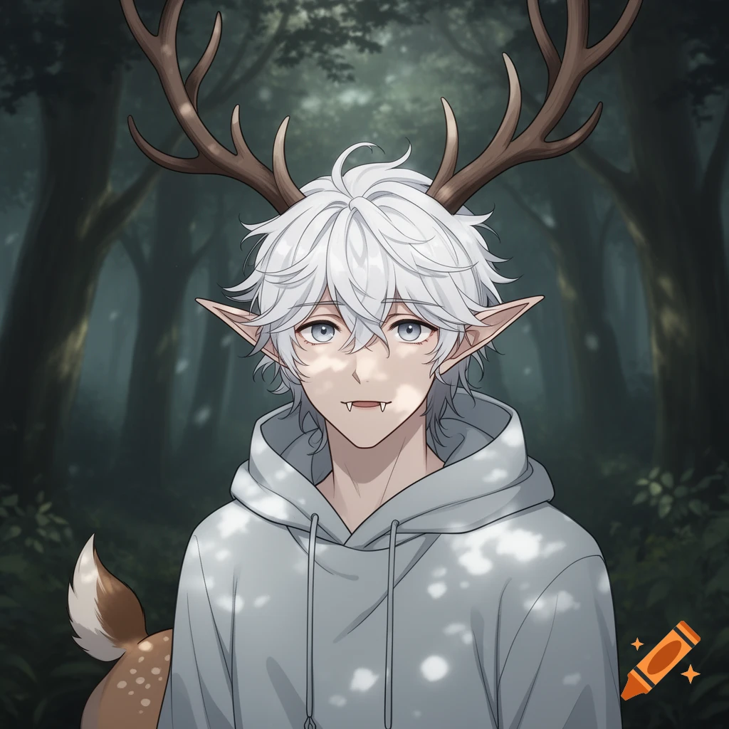 Anime-style male character with white hair, elf ears, deer antlers, fangs, and a deer tail, wearing a grey hoodie, in a forest, looking shy.