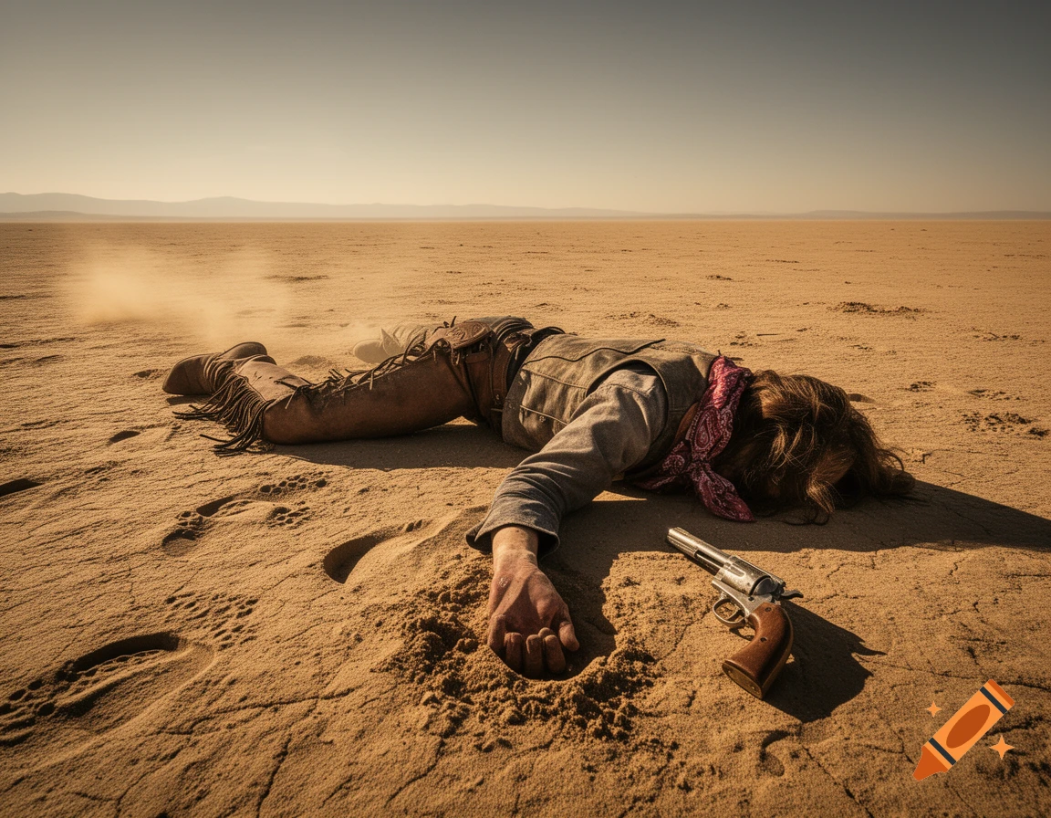 A photorealistic image of a cowgirl lying face down in the desert sand next to a revolver.