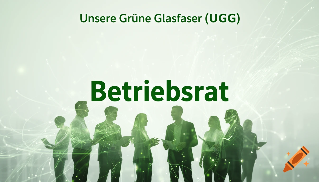 Silhouettes of business professionals engaging in discussion against a green background with fiber optic network lines and German text.