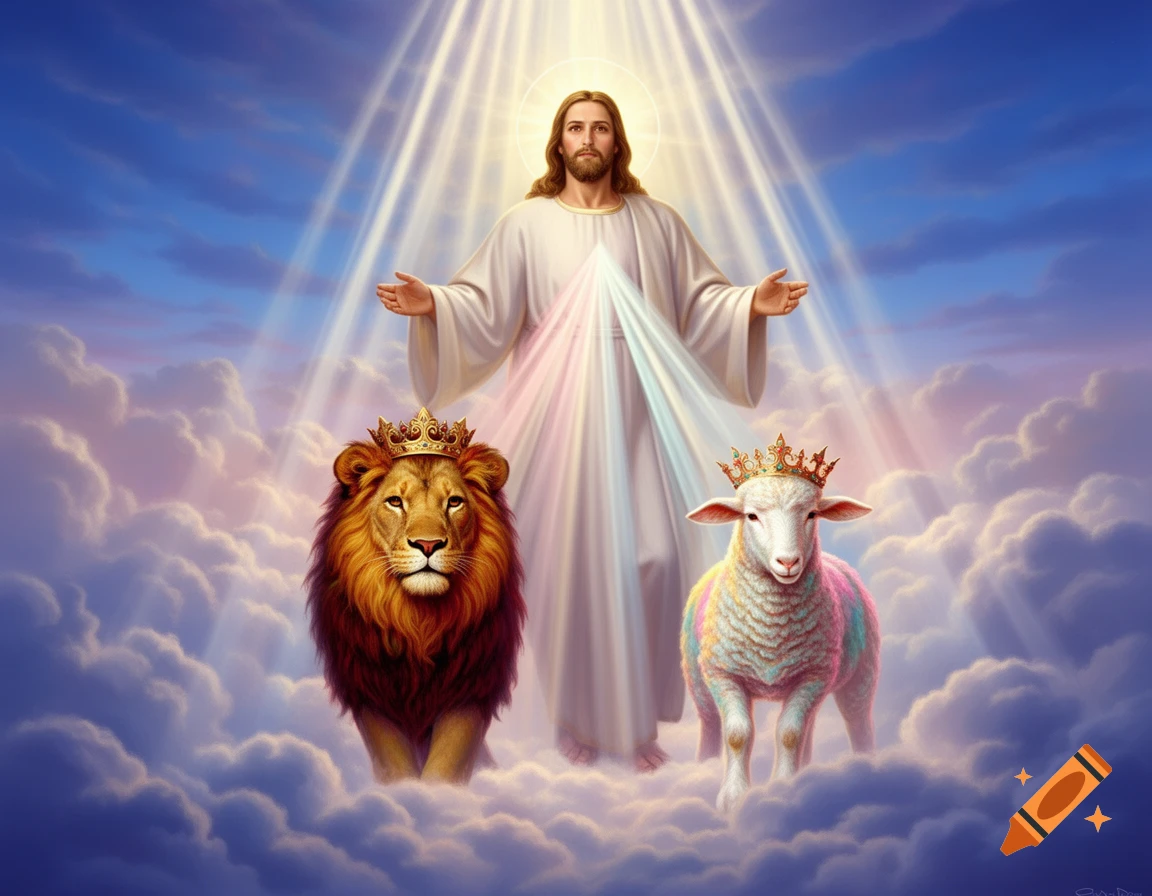 Jesus stands on clouds with a crowned lion and a multicolored crowned lamb, bathed in heavenly light from above.